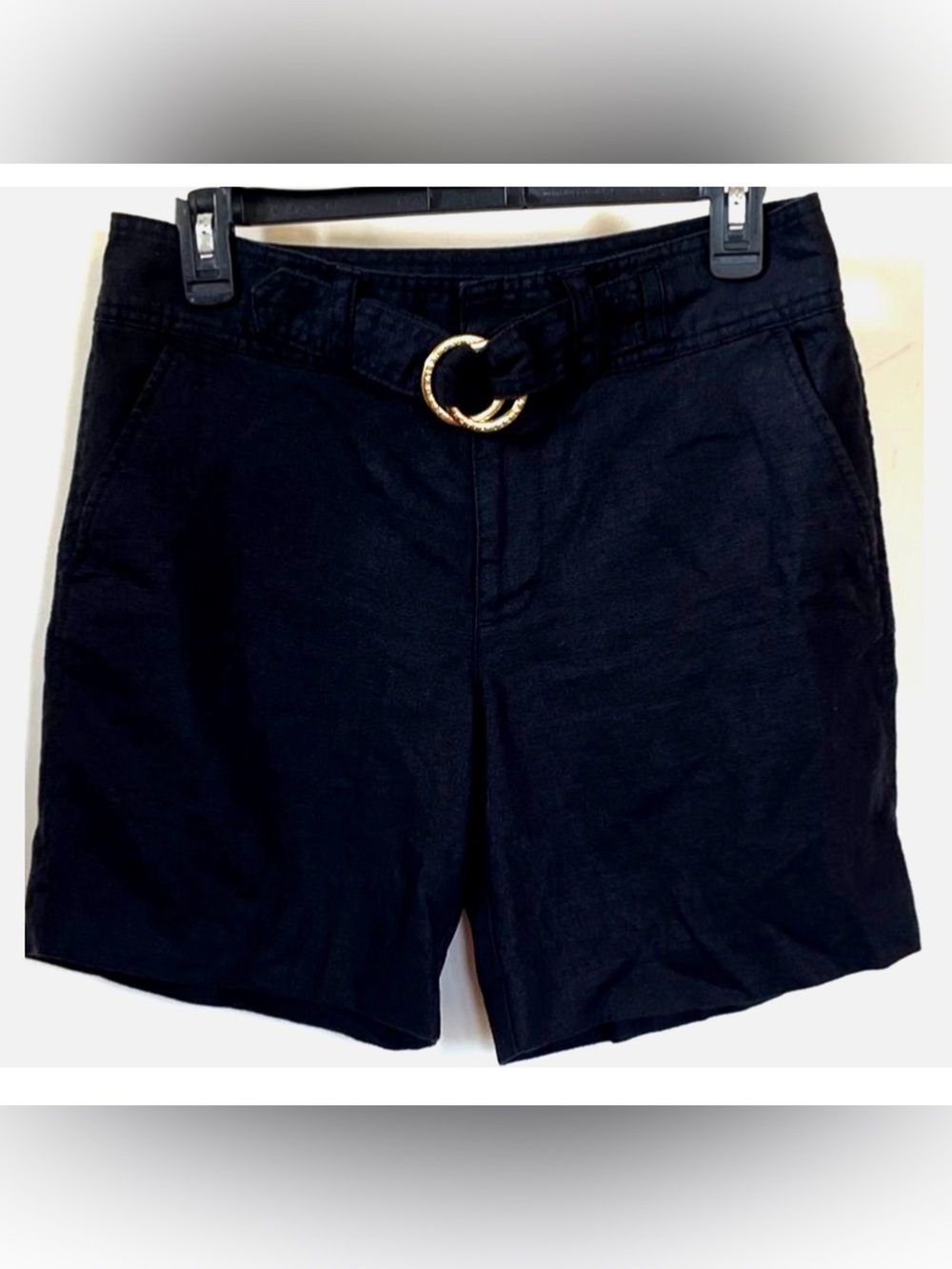 Lauren Ralph Lauren Black Linen Belted Walking Shorts Gold Buckle Size 4